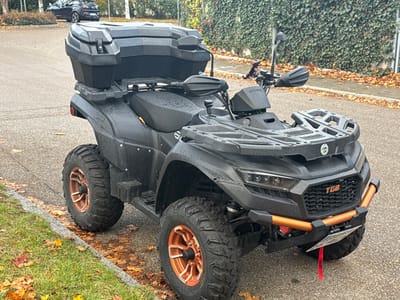 The image displays a dark grey TGB All-Terrain Vehicle (ATV) parked on a paved surface. The ATV features copper-orange six-spoke wheel rims and a matching copper-orange front bumper bar. It is equipped with a large black storage box on its rear rack and a smaller cargo rack at the front. Multi-element headlights are visible, flanking a black honeycomb grille bearing the "TGB" logo. A partially obscured European-style license plate is mounted below the front bumper, from which a red recovery strap hangs. The ATV's surfaces are covered in water droplets, suggesting damp conditions.
To the left of the ATV, a concrete curb separates the paved area from a strip of green grass sparsely covered with fallen brown and orange autumnal leaves. The paved surface underfoot also exhibits scattered leaves. In the background, a dark-colored SUV is parked in a wider paved area to the left. To the right, a wall densely covered in dark green ivy forms a backdrop, with bare or lightly foliated trees visible above it. The scene is illuminated by soft, diffused daylight.
The location is in Dachau, Germany. While the European license plate format is consistent with German registration, no specific street names, landmarks, or precise coordinates within Dachau are discernible from the image; it depicts a general paved street or parking area environment.
