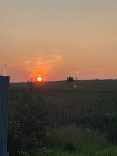 The image depicts a rural landscape with a sunset in the background. The sun, a bright orange orb, is low in the sky, casting a warm glow over the scene. Wispy clouds are visible, tinged with the colors of the sunset. A grassy field stretches across the foreground, dotted with vegetation. Two utility poles are present, one on the left and another in the distance. A dark, blocky structure is partially visible on the far left edge of the frame. The overall impression is one of tranquility and natural beauty.