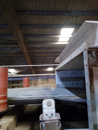 The image shows a metal conveyor belt system inside a large industrial building located at the coordinates 22.693, 90.601 in Pangasia, Bangladesh. The building has a corrugated metal roof with skylights allowing natural light into the structure. The conveyor belt is made of black rubber and is running on metal rollers.  The belt is supported by a large metal frame and passes over a large metal pulley with a metal bearing.  The conveyor system is likely used to transport materials, such as grain or other raw materials, within the facility.  The environment is dusty and industrial, with visible signs of wear and tear on the machinery.  The image does not depict any people or other subjects.