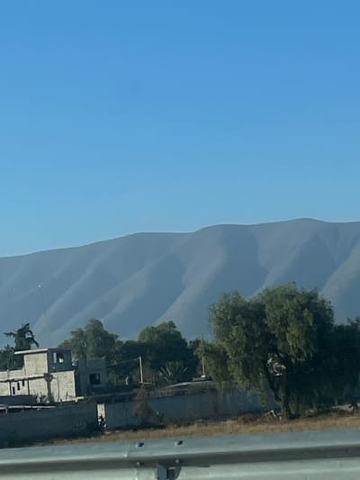 This image depicts a landscape in Quecholac, Mexico, captured during daytime under a clear, light blue sky that occupies the upper third of the frame. The foreground features a light-colored, metallic road barrier running horizontally. Directly behind the barrier, dry earth with sparse vegetation transitions to a line of dense green trees and a low, dark grey concrete wall. Behind the wall and partially obscured by a tree, one individual is visible, wearing what appears to be camouflage-patterned clothing. To the left of the trees and wall, a multi-story building constructed of light-grey concrete or stucco is present, appearing unfinished with open window and door frames; a smaller, darker structure is positioned behind it. In the background, a range of large, blue-grey mountains with undulating peaks extends horizontally across the middle ground, receding into an atmospheric haze. No visible actions or interactions are depicted.