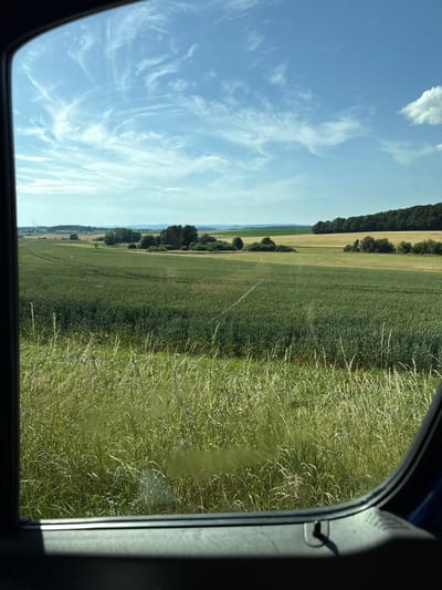 The image shows a landscape view from inside a vehicle, looking out through what appears to be a window or sunroof. The scene is dominated by agricultural fields under a bright, blue sky with scattered white clouds.
The foreground features tall, green grass, likely in a field or along the side of a road. Beyond this, the landscape unfolds into a series of layered fields. Some fields are a vibrant green, while others appear to be lighter green or golden, suggesting different crops or stages of growth. A line of trees borders the fields in the middle ground, creating a distinct demarcation between the cultivated land and the distant horizon. In the far distance, faint hills or a treeline can be seen against the light sky.
The time of day appears to be late morning or early afternoon, given the bright sunlight casting shadows and illuminating the scene. The weather seems pleasant, with a clear sky and sunshine. The presence of agricultural fields and the treeline suggests a rural setting, consistent with the provided location context of Niederwetz, Germany. There are no people or specific objects of interest visible beyond the natural landscape. The overall impression is one of a serene, pastoral view, typical of the German countryside during the warmer months. The framing of the image by the vehicle interior indicates the perspective of someone traveling. There is no visible text in the image.