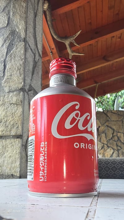 A red Coca-Cola bottle, featuring a unique shape with a screw-top cap, lies horizontally on a light-colored surface, possibly a wall or ledge. Visible water droplets on the bottle indicate it is cold. The background reveals a rustic setting, with a stacked stone wall forming part of the structure. Above and to the right of the bottle, a wooden slatted ceiling or beam structure is visible, from which a pair of deer antlers are mounted. A dark, patterned object is partially visible in the lower left corner, and some green foliage can be seen further in the background.

The Coca-Cola bottle is branded "Coca-Cola ORIGINAL" in white script. Prominent Japanese text reads "リサイクルしてね" (Recycle me/please recycle) and "いつもありがとう、またよろしくね" (Thank you always, and looking forward to it again). A barcode "4 902102 038690" is present. Near the red screw cap, markings "H/02XF" and "2026年11月" (November 2026) are visible, likely a best-before date. The cap itself has "あける" (Open) inscribed. Partially visible text on the bottle also includes "Delic Refres", likely part of "Delicious Refreshment".

A timestamp watermark in the upper left corner displays "Galaxy S24 Ultra" and "02 юни 2026 г. 12:40 ч. РМ" (June 2, 2026, 12:40 PM). The scene portrays an object in a natural, lodge-like environment, suggesting an outdoor or semi-outdoor space in Shanovo, Bulgaria. No people or specific activities are taking place.