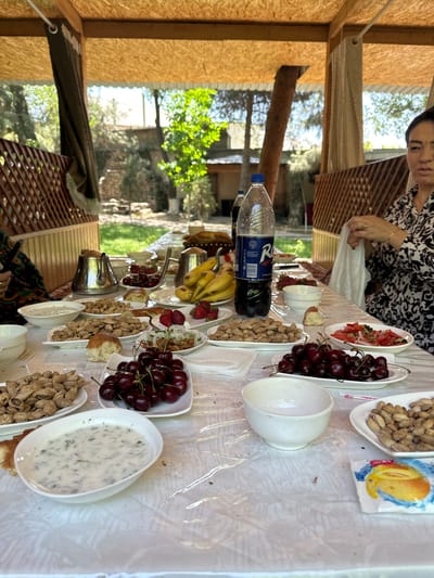 A scene in Dehmoy, Tajikistan, shows a table laden with food and drinks. An adult female in a patterned black and white shirt sits at the table, her hand reaching for a white plastic bag. A variety of food items are arranged on the table, including plates of cherries, tomatoes, nuts, and bananas. A clear plastic bottle of liquid sits amidst the food. The table is covered with a clear, textured plastic sheet. The setting appears to be an outdoor structure, possibly a covered patio or gazebo, with wooden beams visible overhead. Trees and foliage are visible in the background.