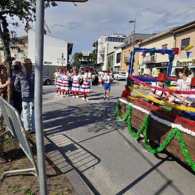 This image captures a street parade in Vila Verde, Portugal, under a partly cloudy sky. The foreground is dominated by a metal barrier and a large grey metal pole, casting distinct shadows on the asphalt. A parade float, decorated with colorful garlands of green, white, red, and yellow tinsel, is partially visible on the right. Children in festive attire, including red hats, sit on the float.
In the middle ground, several individuals are participating in the parade. A man in a white shirt, blue shorts, and a red hat stands prominently, seemingly directing or interacting with others. Behind him, a group of women in traditional white dresses with red and blue striped skirts and red headbands are marching, some holding green spheres. A white truck with a decorated canopy is parked behind them. Further back, more spectators and participants can be seen.
The background features a street lined with buildings of varying architectural styles. One building on the left is white with a distinctive angular design, and another on the right has a light yellow facade with patterned tiling. Signs are visible on some buildings, including one that reads "AGÊNCIA DE VIAGENS" (Travel Agency). The overall scene suggests a lively community event taking place in the town center of Vila Verde.