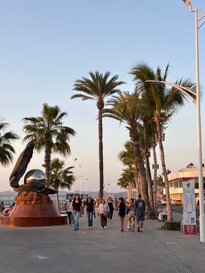 Here's a detailed description of the image:

The image shows a scene along the Malecón in La Paz, Mexico. The boardwalk is lined with tall palm trees and a modern sculpture featuring a reflective silver sphere held by a sculpted hand. Several people are walking along the Malecón. A building with signs is visible behind the line of trees. The sky is pale blue. The light suggests it is late afternoon or early evening.