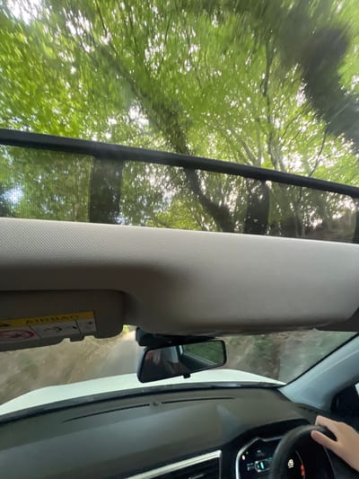 The image shows a view from inside a car, looking upwards and forward. The car has a sunroof, and through it, lush green trees with sunlight filtering through are visible. The interior of the car includes a beige headliner, a visor with an "AIRBAG" warning label, and a rearview mirror. The road ahead appears to be unpaved, suggesting a rural or natural setting. A hand is visible on the steering wheel, indicating the car is in motion. The dashboard shows a digital display with the number "28". The scene depicts driving through a tree-lined area. The location is identified as Rother, United Kingdom.