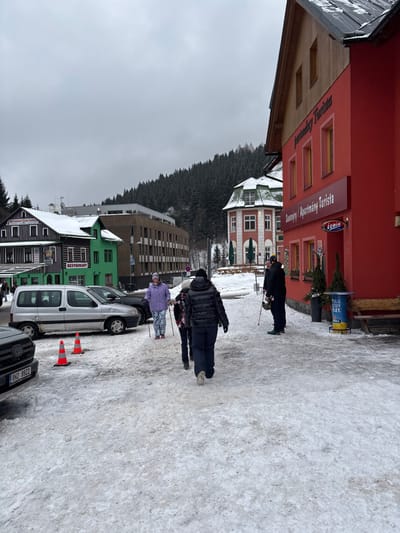 The image depicts a winter street scene in Velká Úpa, Czechia, under an overcast sky. The ground is covered with patchy snow and ice, indicating thawing and refreezing. In the background, snow-dusted coniferous forests climb steep hills.

On the right side of the frame, a prominent two-story building with a red facade and a brown wooden gable roof features multiple windows with yellow frames. A sign on its front reads "Suvenýry / Apartmány Turista" and displays "Ionia." Decorative potted evergreens and a blue-and-yellow cylindrical trash bin are placed near the building's entrance, next to which a wooden bench is visible.

In the mid-ground, a group of four individuals walks on the snowy pedestrian path. The person closest to the viewer in this group wears a dark puffer jacket and dark pants. Ahead of them, another individual in a similar dark jacket and dark pants uses walking poles. To their left, a person wearing a light purple hooded jacket and patterned light-colored pants also utilizes walking poles. Further right and facing away from the viewer, a fourth person in a dark jacket holds a walking pole.

To the left of the pedestrian area, a silver minivan is parked, partially obscuring a darker vehicle behind it. Two orange traffic cones are positioned on the snowy surface near the minivan. The front of another dark vehicle, bearing a Czech license plate "BH2 8922," is visible in the bottom-left corner.

Behind the parked vehicles, various buildings line the street. A multi-story, modern building with a beige/brown facade and horizontal windows is partially visible. Further left, a traditional-style building with a dark (possibly striped) facade and a dark roof, adjoined by a green section, displays "RESTAURANT" signs. Towards the center-right mid-ground, a distinctive two-story building with a light pink/white facade, green trim, and a green-tiled mansard roof with a dormer is visible.