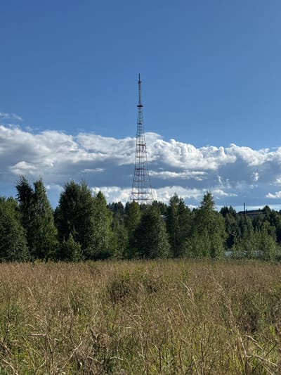 The image shows a tall lattice tower, likely a radio or television transmission tower, situated in a rural landscape. In the foreground, there is a field of dry, tall grass with some green vegetation interspersed. Behind the field, a dense line of deciduous trees forms a dark green band across the middle of the image. Beyond the trees, the lattice tower rises prominently against a bright blue sky with scattered, fluffy white clouds. The tower is metallic, with a complex lattice structure. The overall impression is one of a clear, sunny day in a semi-natural environment. The context of Vonguda, Russia, suggests this is a view within that region.