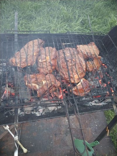 In the city of Зелёное, Russia, a close-up shot captures a metal grill laden with pieces of meat cooking over glowing coals. The meat, appearing to be steaks or chops, is arranged on the black metal grates, some pieces overlapping. Red and orange embers are visible beneath the meat, indicating the heat source. The grill itself is situated outdoors, with a background of green grass and some dried twigs and leaves scattered around the base of the grill. A few cooking utensils, including a fork and a green handled scoop, are positioned near the grill. The overall scene depicts an outdoor barbecue.