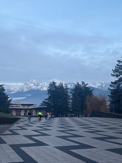Snow-capped mountains form a scenic backdrop to a paved area with a zigzag pattern. Evergreen trees punctuate the landscape. Pedestrians walk along the pathway, one wearing a bright yellow safety vest. A building is visible amidst the trees, under a cloudy sky. The image is slightly tilted to the right.
