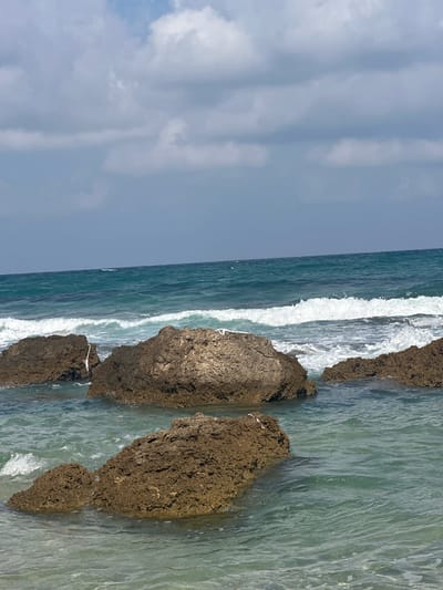 This is a full-frame, eye-level, outdoor, medium shot of the ocean with rocks in the foreground. The sky is partly cloudy with shades of white and gray. The ocean water is a vibrant turquoise with white waves crashing against brown, textured rocks. Several rocks are visible, some partially submerged in the water, with a few small white birds perched on them. The scene captures a natural coastal environment. This image is not set in the city of Shoshanat HaAmakim, Israel, as that is a fictional location.