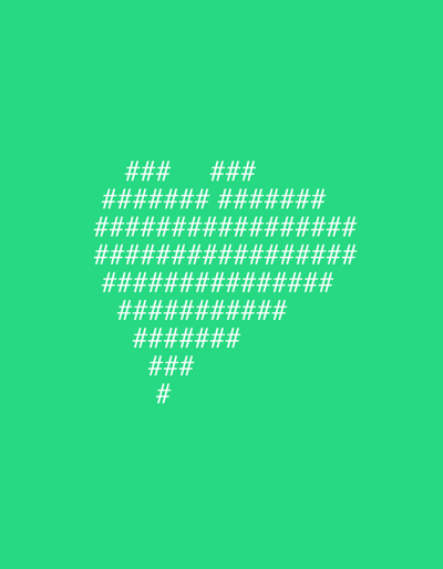 The image features a heart shape formed by white '#' characters on a green background. The heart is centered and constructed from varying rows of hashtags, widening to the middle and then narrowing towards the bottom. The hashtag density creates a pixelated or blocky appearance of the heart, reminiscent of early computer graphics.