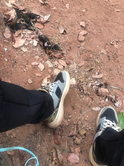 The image shows two feet wearing black and gray sneakers on a dirt ground covered with dry leaves and twigs. The shoes have white laces and thick, worn soles. The person is wearing black pants. A patch of dark, stringy material is visible near one foot. A small blue object is visible in the bottom right corner.