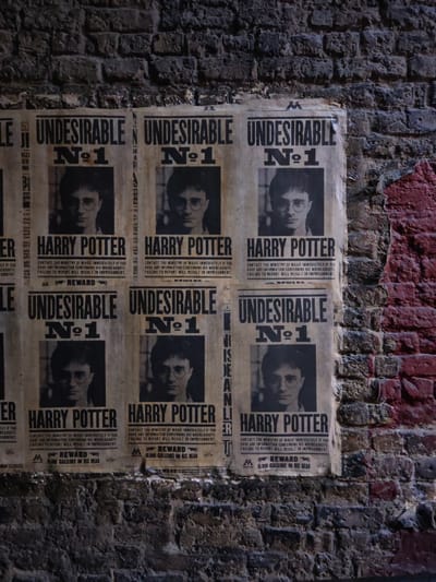 The image depicts a brick wall covered with "Undesirable No. 1" posters featuring Harry Potter. The posters are aged and slightly torn. The brick wall appears to be part of a building with some red paint visible on the bricks. The posters offer a reward of 10,000 Galleons for information leading to Harry Potter's whereabouts. The location is in Watford, United Kingdom.