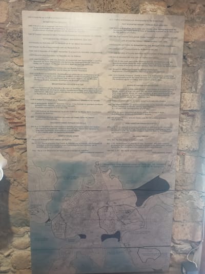 The image displays a stone wall on the right side, partially covered by a poster presenting historical information about Chalkis. The poster has a map of Chalkis at the bottom and text in two columns above it, detailing historical events and periods with dates. The text is in Greek and English, divided into sections such as "BYZANTINE PERIOD", "POST BYZANTINE PERIOD - TURKISH RULE", "MIDDLE BYZANTINE PERIOD", "EARLY CHRISTIAN PERIOD", and "PRE-CHRISTIAN PERIOD". The map shows geographical features, city layouts, and labeled archaeological sites within the Municipal Unit of Anthidon. The overall scene appears to be an informational display in a historical context, possibly within a museum or an ancient site in Chalkis, Greece.