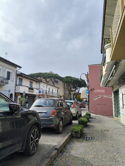 The image depicts a street scene on Via Marco Polo in Riccione, Italy, under an overcast sky. The view is down a narrow street lined with parked vehicles and multi-story buildings.
On the left, several light-colored residential and commercial buildings feature balconies with dark railings, windows with light-colored shutters, and ground-floor entrances. Blue "P" parking signs are visible on poles and building facades. In the foreground, the front quarter of a dark-colored SUV, showing a distinctive black and silver spoked wheel, is parked parallel to the curb. Behind it, a grey Fiat 500 with Italian license plate "EX-35BXE" is parked, followed by a white hatchback, and another dark vehicle further down the street.
The street surface on the left appears to be asphalt where cars are parked, transitioning to a cobblestone pedestrian area on the right. A raised curb separates these sections. Along the right curb, a row of small, trimmed green bushes is present, and a metal drainage grate is visible in the cobblestone pavement.
On the right side of the street, a multi-story building with a light beige facade, balcony, and ground-floor awning is partially visible. Further down, a prominent reddish-pink building displays "Via Marco Polo" on its facade and features an arched decorative element above a recessed section. A blue circular sign with a white arrow pointing left is affixed to this building. A black street lamp with a curved arm extends over the street from the right side.
In the background, behind the buildings, several large pine trees with flat-topped canopies are visible. No people are present in the scene.