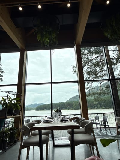 The image shows a restaurant interior with a large window overlooking a natural landscape. The interior features wooden beams, hanging plants, and a dining table set with plates and glasses. The window reveals a body of water, a forested shoreline, and hills under a cloudy sky. There are no people visible in the image. The restaurant is likely located in or near Nizhnekayancha, Russia, given the natural scenery.