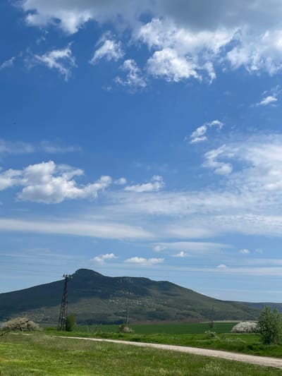 The image shows a landscape on a sunny day in Buhovtsi, Bulgaria. In the foreground, there is green grass on the right side of the image, as well as a dirt road. A power line is visible, supported by an electric pylon. Behind the pylon, there is a green mountain covered in vegetation. The sky is blue with white clouds.
