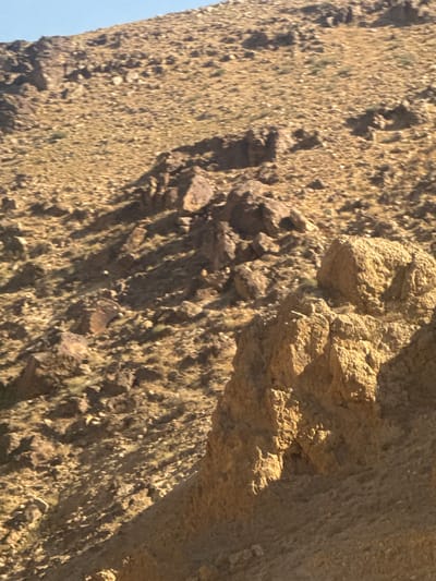 This media file displays a close-up, low-angle view of a rocky mountainside. The terrain is predominantly composed of rough, tan and brown rocks, with sparse patches of dry, yellowish-green vegetation. Shadows are cast across the surface, suggesting it is daytime, likely morning or afternoon. The textures of the rocks vary, with some appearing jagged and others more weathered.
The composition focuses on the rugged texture of the natural landscape. There are no visible people, objects, or text. The scene depicts a natural, unadorned mountainside, possibly in a desert or arid region, given the dry vegetation and rocky formations. The lighting creates distinct contrasts between illuminated areas and shadowed crevices, highlighting the three-dimensional nature of the rocks. The overall impression is one of a harsh, natural environment.