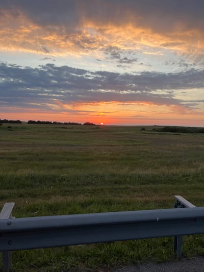This image shows a rural landscape at sunset in Алтынды ауылдық округі, Kazakhstan. The sun is low on the horizon, casting a warm orange glow across the sky and illuminating the clouds with shades of orange, pink, and gray. A vast, grassy field stretches out towards a distant tree line, and in the foreground, a metal guardrail runs along the edge of what appears to be a road. The overall impression is one of natural beauty and tranquility.