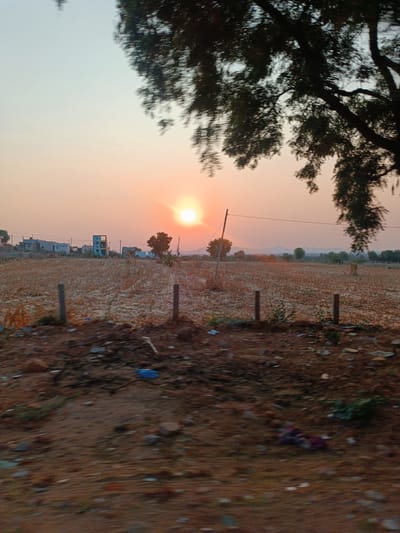 The image displays an outdoor scene at sunset in Kothacheruvu, India. The foreground consists of disturbed, reddish-brown earth, containing scattered refuse including small rocks, dark fragments, a blue plastic item, and traces of green vegetation, all exhibiting motion blur. A large, fallow agricultural field, characterized by uniform light brown crop stubble, occupies the midground. Two grey posts are positioned vertically within this field, with a utility pole and a single overhead wire visible to the right of center. In the left background, a cluster of low-rise buildings is present; one structure features distinct blue and grey paneling, while others appear light-colored and potentially unfinished. Overhead utility lines traverse this area. The right background features scattered trees and a distant range of blue-grey hills on the horizon. A bright, orange sun is situated low on the horizon, slightly left of the image's vertical center, radiating light into a clear sky that transitions from pale blue at the top to orange-pink near the sun. The upper right quadrant is partially obscured by the motion-blurred, dark foliage of a large tree branch. No individuals or discernible activity are present.