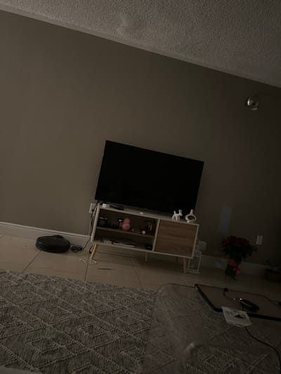 A dark, interior shot shows a living room scene in North Miami, Florida. The room is dimly lit, with a large, black television on a white and wood-toned media console dominating the center of the frame. To the left of the console, a black robot vacuum cleaner sits on the tiled floor. The wall behind the television and console is painted a neutral beige. A gray, diamond-patterned rug covers a portion of the floor in the foreground. To the right of the media console, a bouquet of red roses in a vase with a pink ribbon is visible, along with a glimpse of a clear acrylic chair and a dark coffee table. The ceiling is textured and white.