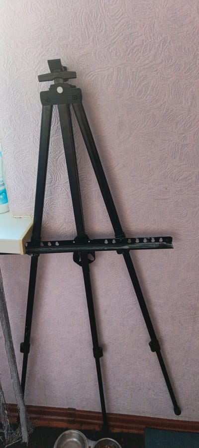 An indoor scene, likely in Tikhvin, Russia, features a black metal tripod easel set against a textured, pale pink wall. The easel is open and positioned to the right of a white shelf, on which a partially visible white bottle with blue labeling rests. A black strap hangs from the easel's lower shelf. In the foreground, at the bottom of the frame, a dark wooden baseboard is visible, with two metal pet bowls placed on the floor. One bowl is empty, and the other contains dry kibble. To the left of the easel, a portion of a metallic, woven material hangs down, obscuring the floor. The lighting appears to be from an overhead source, creating soft shadows.