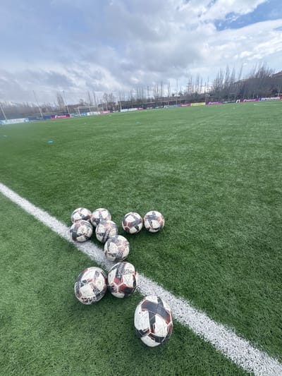 The image shows a corner of a green artificial turf soccer field in Charentsavan, Armenia. A white painted line marks the field boundary. There are ten soccer balls clustered near the corner. One ball has the word "uhlsport" printed on it. Behind the field, a barrier displays advertisements, including the words "FASTBANK" and "fanshop.fe.am". Bare trees stand further behind the barrier. A cloudy sky is visible.