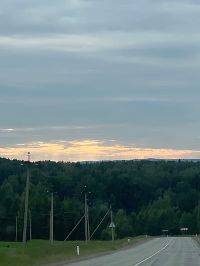 The image shows a rural landscape with a road and a dense forest. The sky is overcast with the sun breaking through in a band of yellow light near the horizon. Telephone poles line the side of the road, some with visible wires. The road itself is paved with a white line marking the center. A few signs are visible in the distance, one with a red and white chevron pattern indicating a turn or hazard. The environment appears to be a wooded area, possibly in a rural part of Kryukovo, Russia, given the context. There are no people visible in the image.