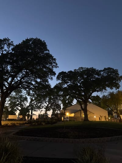 This photograph captures an evening scene in Sacramento, California, with the sky transitioning from twilight blue to a deeper indigo. The foreground features a paved pathway winding through a landscaped area with dark mulch and manicured grass. Two large, mature oak trees dominate the left and center of the frame, their silhouettes stark against the dimming sky. Behind them, a light-colored building, likely residential or commercial, is partially illuminated by outdoor lighting. The building has a sloped roof and windows that are not clearly visible in the low light. Beyond the building, more trees and structures are faintly discernible. In the middle ground, a fence separates the landscaped area from what appears to be an outdoor amenity space, possibly a pool area, with umbrellas and seating visible. The overall atmosphere is serene and quiet, suggesting the end of the day.