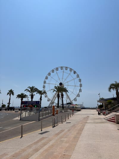 This is a daytime, outdoor, eye-level shot of a Ferris wheel in Fréjus, France. The Ferris wheel is white with a light gray frame and has many cabins. Palm trees are visible in the foreground and around the Ferris wheel, suggesting a warm, possibly tropical or Mediterranean climate. The sky is clear and blue.

The scene appears to be a promenade or pedestrian area next to a road. There are people visible in the distance, some walking, and others on what looks like a bench or seated area. There are also some parked vehicles. The ground is paved with a light-colored, speckled material, and a darker asphalt road runs alongside. There are several signs visible. One prominent sign has text in French, including "P BONAPARTE" and "OUVERT 7J/7 24H/24," indicating a parking area open 24/7. There are also directional arrows and parking information. The overall atmosphere seems relaxed and recreational, typical of a vacation or tourist area. The time of day is likely afternoon, given the lighting and shadows.