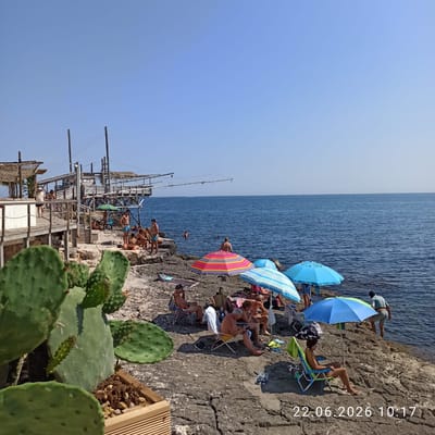 The image depicts a rocky coastline near Trani, Italy, with several people enjoying a day at the beach. In the foreground, a prickly pear cactus in a wooden planter is partially visible. The background features a traditional trabucco, a wooden fishing structure, along the coastline.
Various individuals are scattered across the rocky shore, some sitting in chairs under beach umbrellas, others standing or in the water. Colorful umbrellas provide shade for some beachgoers, while others are directly exposed to the sun. The sea is a deep blue, with gentle waves lapping against the rocks. The overall scene conveys a relaxed atmosphere of a summer day at the seaside.
