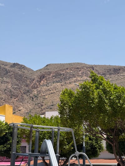 The image captures a sunlit outdoor scene in Campillo Del Moro, Spain, with a prominent rocky mountain dominating the background. A lush green tree with dense foliage is positioned in the mid-ground, with its branches extending towards the right side of the frame. In the foreground, a metal railing with a curved element suggests a balcony or walkway, overlooking some buildings and more greenery. The sky is a clear, light blue, indicating a bright day with no clouds. The sunlight casts distinct shadows, highlighting the textures of the mountain and the leaves of the tree, suggesting it is daytime.

A partially visible sign with pink and white lettering is located on the right side of the image. The visible text includes "audulce" and "PAST". The overall impression is one of a warm, possibly arid, climate given the mountain's appearance, set against a vibrant natural and built environment. No people or specific activities are clearly depicted, but the setting implies a relaxed, possibly tourist-oriented location.
