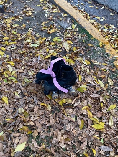 Location: Monte Grande, Argentina. A pair of black roller skates secured with a pink strap rests on a bed of fallen, dried leaves, predominantly brown and yellow. The skates are positioned centrally in the frame. The surrounding environment consists of a mix of dry leaves scattered across the ground. To the left, there is a concrete area with a yellow curb marking the edge. The overall scene suggests an outdoor setting, possibly a park or roadside in autumn. There are no people or other subjects present in the frame.