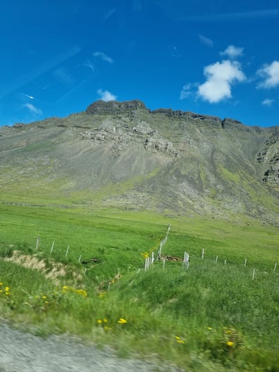 This is a medium shot of a mountainous landscape in Akraneskaupstaður, Iceland, under a bright blue sky with scattered white clouds. The foreground is dominated by a lush green meadow, crisscrossed by a simple fence made of wooden posts and wire. Small yellow wildflowers are visible scattered amongst the tall grass. A steep, rocky mountain slope occupies the middle ground, with patches of green vegetation growing on its lower reaches. The mountain is characterized by its rugged texture and varied shades of gray and green. In the far distance, the peak of the mountain is jagged and imposing. The image appears to be taken from a moving vehicle, as evidenced by the slight blur in the foreground and reflections on the sky in the upper portion of the frame.