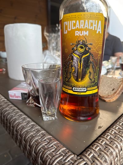 This media file shows a close-up of a bottle of "CUCARACHA RUM BANANA" lying on a table. The bottle is mostly full of amber-colored liquid and has a distinctive label featuring a mechanical insect design. Next to the bottle are two clear glasses, one of which appears to be partially filled with liquid and the other empty. A pack of Marlboro cigarettes is also visible. In the background, a slice of bread and blurry figures of people can be seen, suggesting a casual gathering or meal. The setting appears to be outdoors, possibly on a patio or balcony, with a wicker furniture element visible on the right side of the frame. The lighting suggests it could be daytime. The text on the bottle is "CUCARACHA RUM BANANA" and "35% VOL" and "1L". The text on the cigarette pack appears to be "Marlboro". There are no specific indicators of the time of day, weather, or strong emotional cues, beyond a generally relaxed atmosphere.