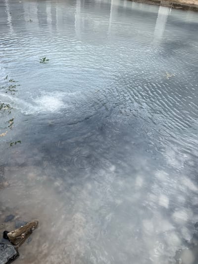 This media file captures an overhead view of a body of water, likely a river or stream, in Strumivka, Ukraine. The water is murky and appears to be in motion, with visible ripples and disturbances suggesting a flow or possibly rain. In the upper left portion of the image, a section of a wall or embankment is visible, with vertical lines suggesting construction or a textured surface. Scattered small green plants grow along the edges of the water. Towards the lower right, a piece of wood and some stones are partially submerged in the water. The lighting suggests it could be daytime, with diffused light indicating overcast weather or a cloudy sky. The overall impression is a natural, somewhat subdued scene. No people or text are visible.