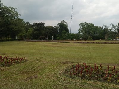 A wide expanse of green lawn stretches across the foreground, punctuated by flowerbeds containing reddish-brown plants. In the middle ground, a row of shrubs or small hedges separates the lawn from a more wooded area. A small gazebo and other structures are visible. A tall, striped tower rises in the distance. The sky is overcast, suggesting a cloudy day.