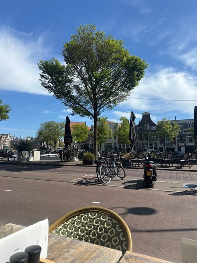 The image displays a sunny street scene in Haarlem, Netherlands, viewed from a slightly elevated perspective, possibly from an outdoor cafe table. On the left, a large, leafy tree stands prominently, its green canopy dominating the upper portion of the frame. The sky above is a vibrant blue with wispy white clouds, indicating clear and pleasant weather, likely mid-morning or early afternoon given the bright lighting and distinct shadows.
The street, paved with reddish-brown bricks laid in a herringbone pattern, stretches from the foreground into the distance. White painted lines delineate parts of the road. Several bicycles are parked along the street on the left, and a black scooter or moped with a yellow Dutch license plate ("LJT 35L") is also parked.
Along the right side of the street, there's an outdoor seating area for a cafe, featuring multiple tables and chairs, some shaded by large black umbrellas. One umbrella partially shows the letters "SA". In the background, traditional Dutch gabled buildings with multiple windows line the street, showcasing characteristic architecture. Further down the street, glimpses of a canal and more distant buildings are visible, confirming the urban waterfront setting typical of Haarlem.
In the immediate foreground on the right, part of a wooden table is visible, alongside a decorative chair with a green and beige woven pattern. On the table, there's a white paper or menu, faintly showing "COFFEE-MENU" and the number "1", accompanied by two small, dark cylindrical objects, possibly salt and pepper shakers or sugar packets. The scene is devoid of people, conveying a quiet, peaceful atmosphere.