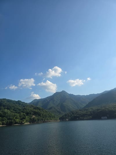 This is a landscape photograph taken outdoors, likely during the daytime. The image features a large body of water, possibly a reservoir or lake, to the right, with its surface rippled by the wind. The water appears deep blue and takes up a significant portion of the frame. To the left of the water, a densely forested mountain range rises sharply. The mountains are covered in lush green trees, and their slopes are rugged and uneven. A thin, linear object, possibly a road or a walking path, runs along the edge of the water, at the base of the mountains, with a row of what appear to be lights or small structures lining it. In the upper left quadrant of the image, a clear blue sky is visible, with several fluffy white clouds scattered across it. The sun appears to be shining, creating a bright and clear atmosphere. The overall scene suggests a natural, serene setting, possibly a popular spot for outdoor recreation given the presence of the path and structures. No people or specific activities are clearly discernible, but the composition evokes a sense of tranquility and natural beauty. The orientation of the image is such that the horizon line, formed by the water's edge and the base of the mountains, runs vertically along the right side of the frame, suggesting the photo might have been taken with the camera held in a portrait orientation or rotated after capture.