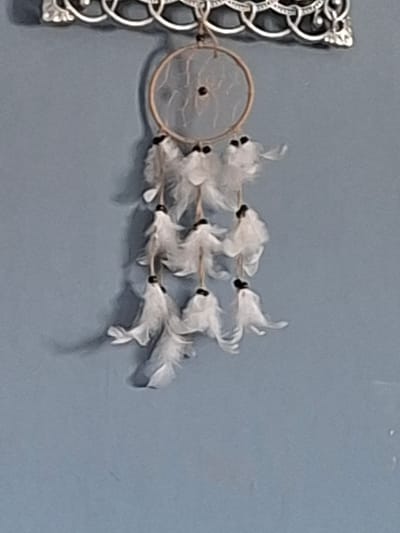 The image depicts a dreamcatcher hanging on a light blue wall. The dreamcatcher consists of a circular frame with a woven net inside and three rows of white feathers attached to it with black beads. To the left of the dreamcatcher is a decorative metal element with intricate patterns. The scene is indoors. The image does not provide enough information to determine the location or the city.