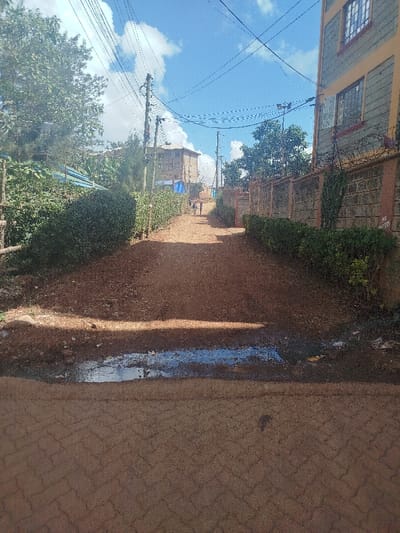 The image depicts an unpaved, reddish-brown dirt path ascending uphill in Kihara ward, Kenya, under a clear blue sky with scattered white clouds. In the immediate foreground, a section of brown interlocking pavers is visible, preceding a large, shallow puddle of water reflecting the sky on the unpaved surface. The dirt path then extends into the midground.

To the left of the path, dense green foliage and trees line the incline, with a section of blue tarping partially visible behind the vegetation. Several dark utility poles with numerous overhead power lines run parallel to the path on both sides.

To the right of the path, a multi-story building with light green and dark grey horizontal panels and multiple windows stands prominently. The lower portion of this building is fronted by a grey block wall, topped with a single strand of barbed wire, behind a neatly trimmed green hedge. Further along the path on the right, a segment of a similar grey block wall with an open metal gate is visible.

In the mid-distance, two indistinct human figures are observed walking uphill on the dirt path. In the background, another multi-story building with a lighter, possibly tan or grey, exterior is situated at the top of the incline. The overall scene is brightly illuminated by daylight, with shadows indicating the sun's position.