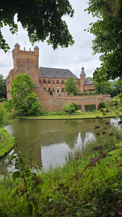 The image depicts a view of a brick castle, identified as Bergh Castle in 's-Heerenberg, Netherlands, surrounded by a moat. The castle, constructed from red brick, features multiple towers, including a prominent square tower with battlements and two smaller, domed turrets on its left. Adjacent to this tower is a large, pitched-roof building with numerous windows. A smaller, conical-roofed tower is visible further to the right. The castle is partially obscured by lush green foliage from trees in the foreground and framing the top of the image. The moat, filled with murky water, reflects the castle and the overcast sky. The grounds around the castle are manicured with green lawns and low hedges. The overall scene is serene and picturesque, with no people or animals clearly visible.