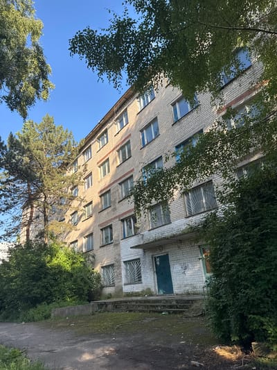 This is a full outdoor shot of a light-colored brick multi-story building in the city of Verkhnerusskoye, Russia. The building has multiple floors with rows of windows, some of which are barred. Trees and dense green foliage surround the building, with some branches and leaves obscuring parts of the structure. The sky is clear and blue. The ground in front of the building is a mix of dirt, gravel, and mossy patches. There are visible steps leading up to a doorway, which is painted a dark teal. Graffiti is visible on the wall near the entrance. The overall impression is of an older, somewhat neglected building in a natural setting.