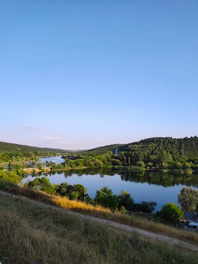 The image depicts a serene landscape scene with a body of water, lush green hills, and a clear blue sky. The water, likely a lake or river, reflects the surrounding trees and sky, creating a tranquil atmosphere. The hills are densely covered with trees, suggesting a natural or park-like setting. A dirt path is visible in the foreground, winding its way up a grassy slope. The presence of a few scattered clouds in the sky indicates fair weather. The overall impression is one of natural beauty and peacefulness.
The location is identified as the city of Goyany, Moldova. This suggests that the scene is a natural area within or near the city, potentially a popular spot for recreation or relaxation. The image captures the essence of the natural environment found in this region of Moldova.