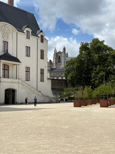 The image captures a view of the Château des ducs de Bretagne in Nantes, France, on a partly cloudy day. In the foreground, a large, pale-colored courtyard is visible, with a few circular indentations in the ground. To the left, a portion of the château's white stone facade stands prominently, featuring a dark grey, mansard roof with dormer windows and red-trimmed windows. An arched entryway leads into the building, with a grand, external staircase ascending along the side of the château.
Three individuals are present near the staircase. Two women, one in a dark jacket and the other in a light-colored outfit, are walking away from the viewer, while a man in a blue shirt and dark pants stands facing the château. Further into the background, a large, mature green tree dominates the scene, partially obscuring a cluster of other buildings. Behind the tree, the spires and Gothic architecture of a cathedral, likely the Cathédrale Saint-Pierre-et-Saint-Paul de Nantes, are visible, along with other urban structures. The overall impression is of a historic European city square adjacent to a significant historical monument.