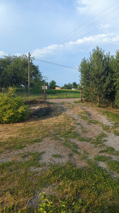 The image depicts an outdoor scene with a gravel path leading into a field. The path is flanked by grass and some foliage. In the background, there are trees, a small building, and more fields. Overhead, power lines are visible against a blue sky with scattered clouds. The overall impression is one of a rural or suburban setting. The location is identified as Zadebri, Ukraine.