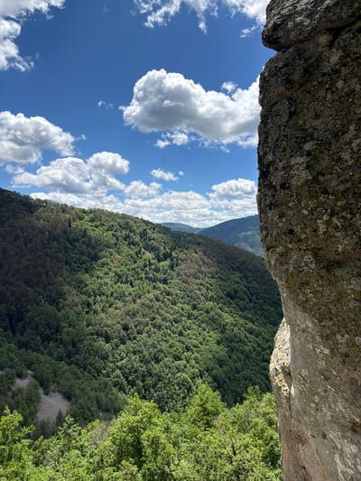 This image, taken from a high vantage point in the city of Laki, Bulgaria, captures a panoramic view of a lush, forested mountain landscape under a bright blue sky dotted with fluffy white clouds. In the foreground, a large, textured rock face dominates the right side of the frame, its surface rough and mottled with green lichen.

The middle ground is filled with a dense, verdant forest that blankets the undulating slopes of the mountains. The trees are a vibrant green, creating a rich tapestry of foliage. There's a noticeable contrast in the forest's density and color, with some areas appearing darker and more shadowed, possibly indicating a denser part of the woods or a different tree species. A patch of lighter, drier earth is visible on one of the slopes, suggesting a clearing or an area with less vegetation.

In the background, more mountain ranges recede into the distance, their peaks softened by atmospheric haze. The sky above is a brilliant, clear blue, a stark contrast to the earthy tones of the rocks and the greens of the forest. The scattered cumulus clouds are bright white, casting soft shadows on the landscape below. The overall impression is one of natural beauty and a sense of elevation, offering a sweeping vista of the Bulgarian countryside. There are no people, animals, or man-made structures visible in the scene.