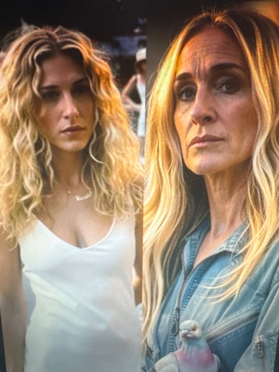 The image is a split screen showing two women. The woman on the left is younger with long, curly blonde hair and is wearing a white tank top and a necklace. She is looking directly at the camera with a serious expression. The woman on the right is older, also with long blonde hair. She is wearing a denim jacket and holding a small bird with pink and blue markings. Her expression is also serious. The background for both images is blurred, but appears to be outdoors. There is no indication of the location being Protasovo, Russia.