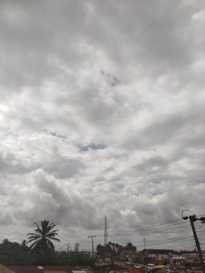 This image depicts a cloudy sky over a built-up area in Iguosa, Nigeria. In the foreground, a reddish, corrugated roof is visible. Behind the roof, a dense line of greenery, including palm trees and other foliage, stretches across the frame. A prominent palm tree with a slender trunk and feathery fronds stands out to the left of center. Numerous electrical wires crisscross the scene, supported by poles.
Further in the background, various buildings are visible, suggesting a commercial or residential district. Among the structures, a tall, lattice-like communication tower stands out. Several vehicles, including vans and what appear to be trucks, are present on the ground, some of which are yellow. The overall impression is that of a somewhat overcast day in a moderately developed urban or semi-urban setting in Iguosa. The activity level of people is not clearly discernible due to the distance and focus of the image.